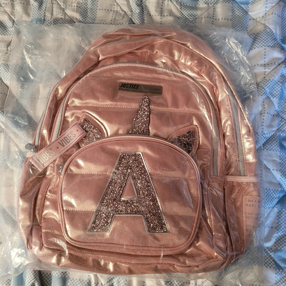 Justice Rose Gold Quilted Unicorn initial backpack